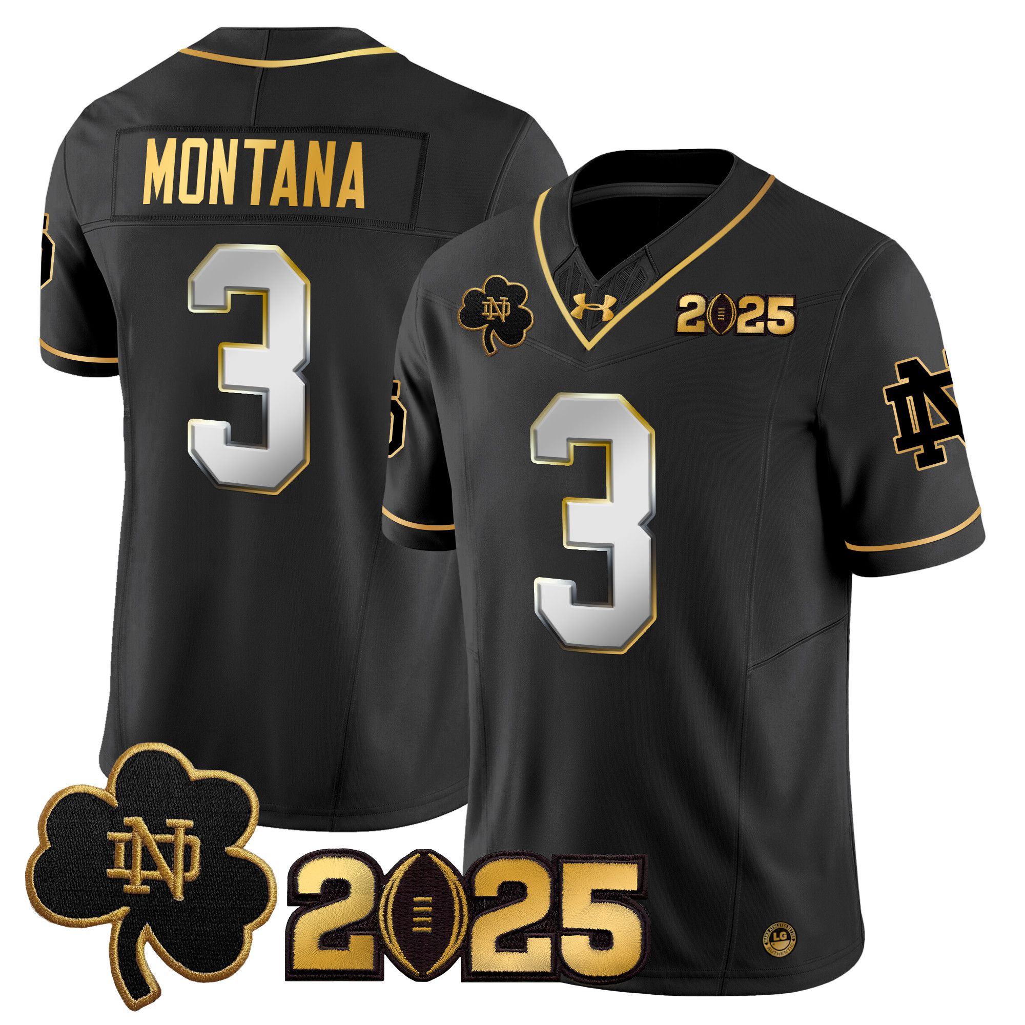 Men Notre Dame Fighting Irish #3 Montana Black 2025 CFP Final Patch Gold Vapor Limited NCAA Jersey style 2